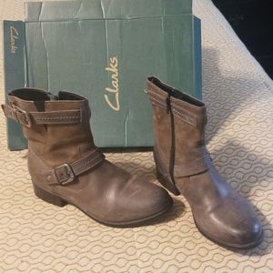Clark's brown leather boot.